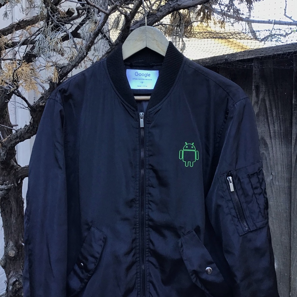 Google Android Bomber Jacket Black Mens Small Zip Up Logo Tech Promo Jacket